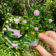 Load image into Gallery viewer, Translucent Green & Purple Smiley w Flowers
