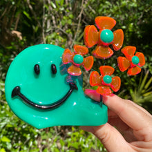 Load image into Gallery viewer, Teal &amp; Pink Smiley w Flowers
