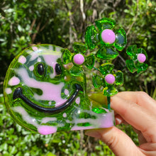 Load image into Gallery viewer, Translucent Green &amp; Purple Smiley w Flowers
