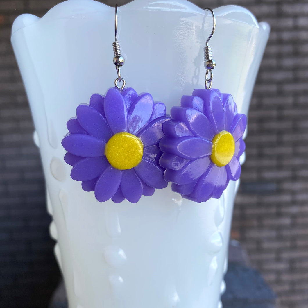 LARGE Purple & Yellow Flower Earrings