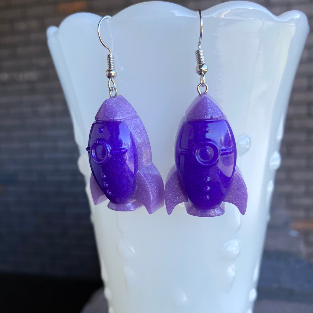 Dark Purple Glittery ROCKET SHIP Earrings