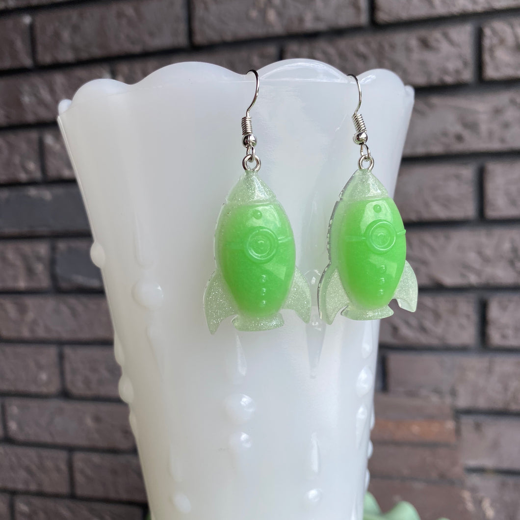 Green Glittery ROCKET SHIP Earrings