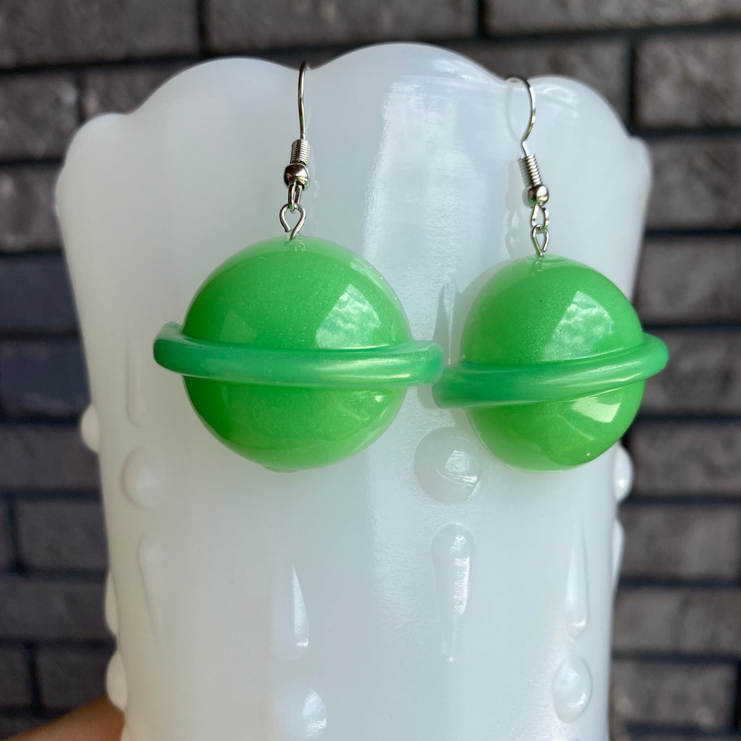Green Glittery PLANET Earrings